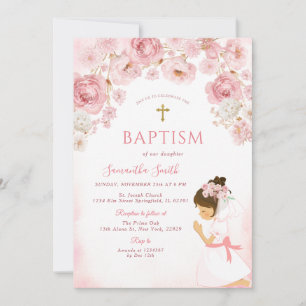 Invitation Fille Fleur de Cerisier Rose Croix Fille Baptême