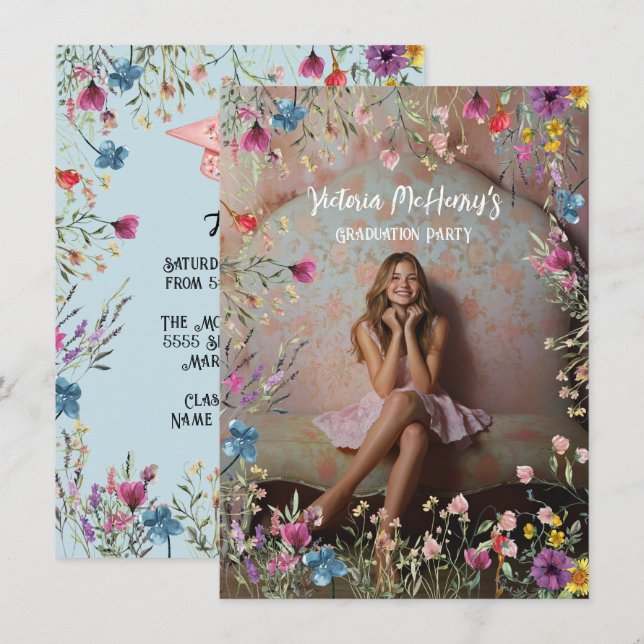 Invitation Fille Fleur sauvage Pastel Graduation Party (Devant / Derrière)