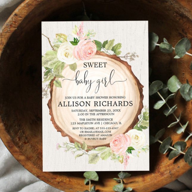 Invitation Fille fleurie rustique baby shower boisé rose pâle (Créateur téléchargé)