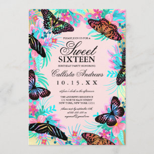 Invitation Fille Fleurs papillon Feuille Aquarelle douce 16