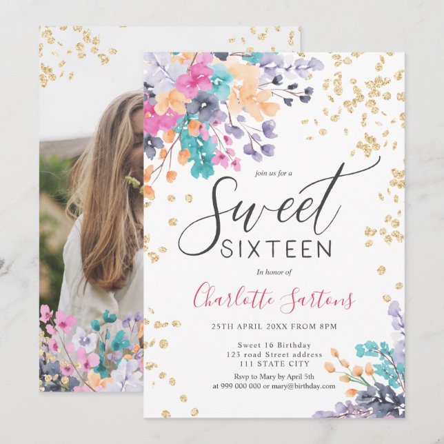 Invitation Fille fleurs sauvages script or floral doux 16 (Devant / Derrière)