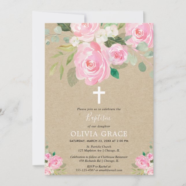 Invitation Fille florale blanche rose rustique de baptême (Devant)
