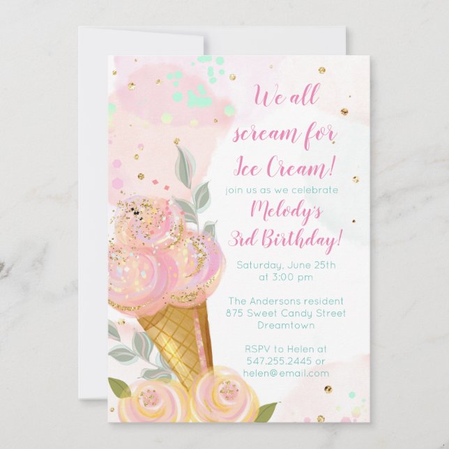 Invitation Fille Florale Crème de glace Aquarelle fête d'anni (Devant)