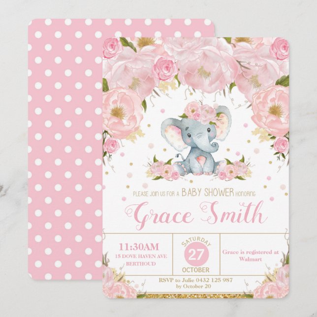 Invitation Fille florale d'invitation de baby shower (Devant / Derrière)