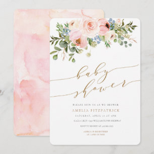 Invitation Fille florale d'invitation de baby shower d'or