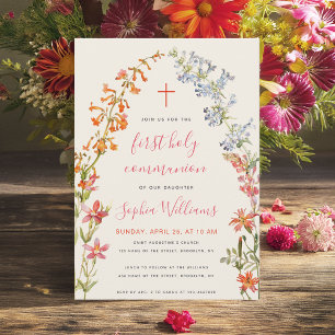 Invitation Fille florale Première communion Aquarelle Fleurs