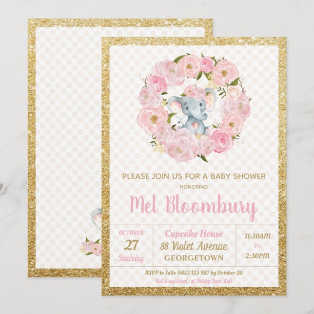 Invitation Fille florale rose d'invitation de baby shower (Devant / Derrière)