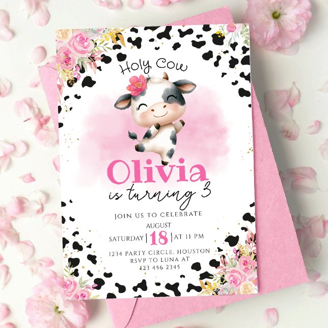 Invitation Fille florale rose Vache Saint Anniversaire (Créateur téléchargé)