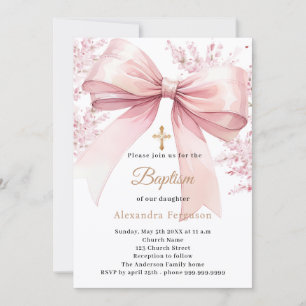 Invitation Fille florale ruban rose Baptême
