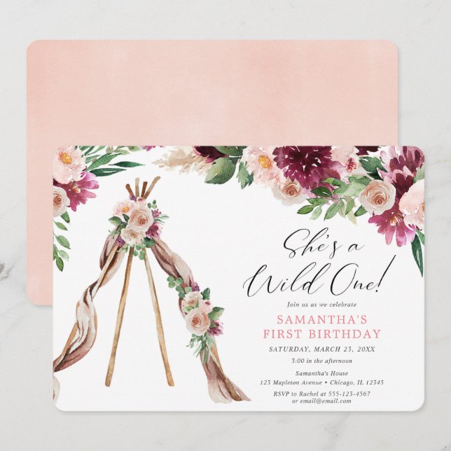 Invitation Fille florale rustique sauvage d'un boho 1er anniv (Devant / Derrière)