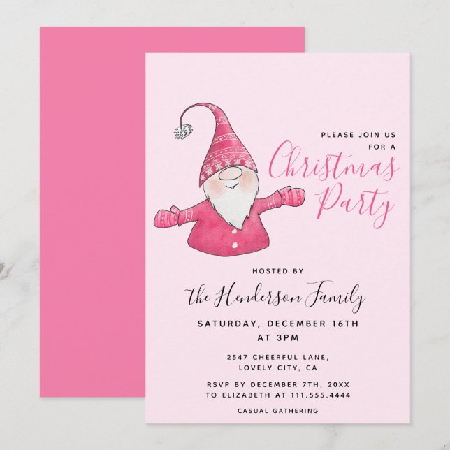 Invitation Fille Fun Gnome Personnalisé Pink Noël (Devant / Derrière)