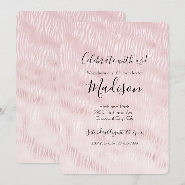 Invitation Fille Glam Blush Pink Zebra Imprimer (Devant / Derrière)