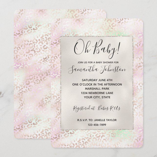 Invitation Fille Glam Or rose Mint Ombre Leoaprd Impression (Devant / Derrière)
