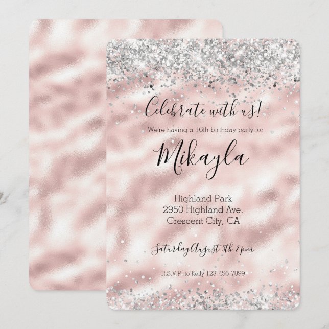 Invitation Fille Glam rose Parties scintillant argent étincel (Devant / Derrière)