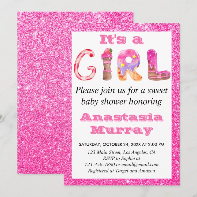 Invitation Fille Glam Sweet Parties scintillant rose chaud Ba (Devant / Derrière)