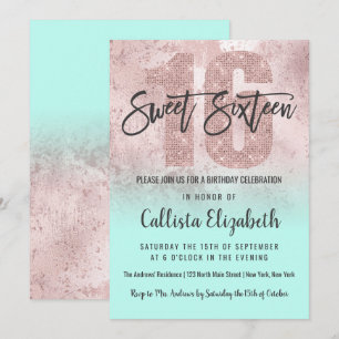 Invitation Fille Grunge Rose Gold Mint Parties scintillant Fo