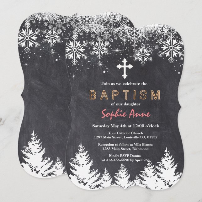 Invitation Fille Hiver Flammes de neige Chalkboard Baptême (Devant / Derrière)