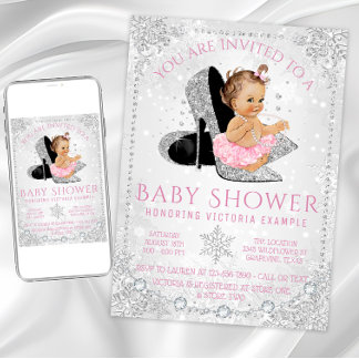 Invitation Fille Hiver Merveilleux Flocon de Neige Rose Baby
