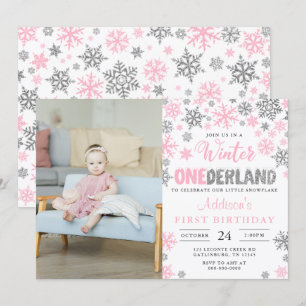 Invitation Fille Hiver Onederland Première photo d'anniversai
