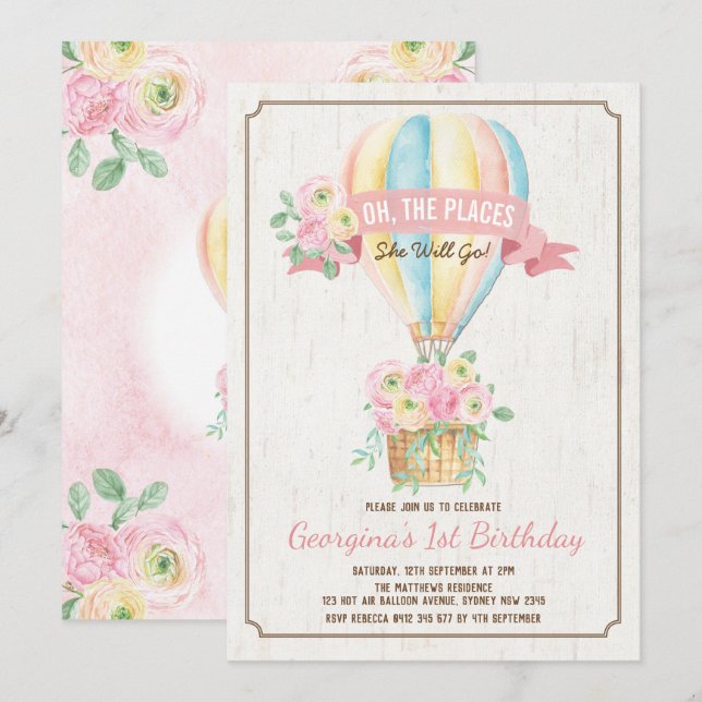 Invitation Fille Hot Air Balloon rose Floral Fille Anniversai (Devant / Derrière)