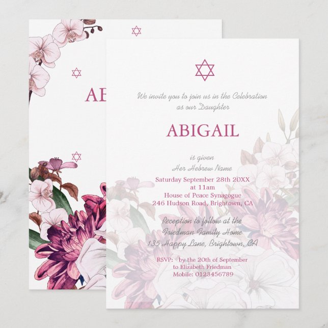 Invitation Fille juive Floral Cérémonie de nom hébreu (Devant / Derrière)