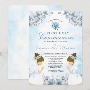 Invitation Fille jumelle priant pour la première communion Fl