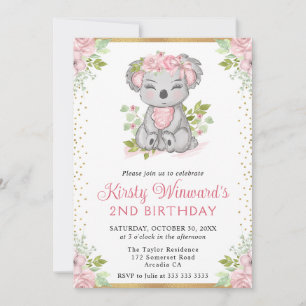 Invitation Fille Koala Florale Mignonne Aquarelle 2ème Annive