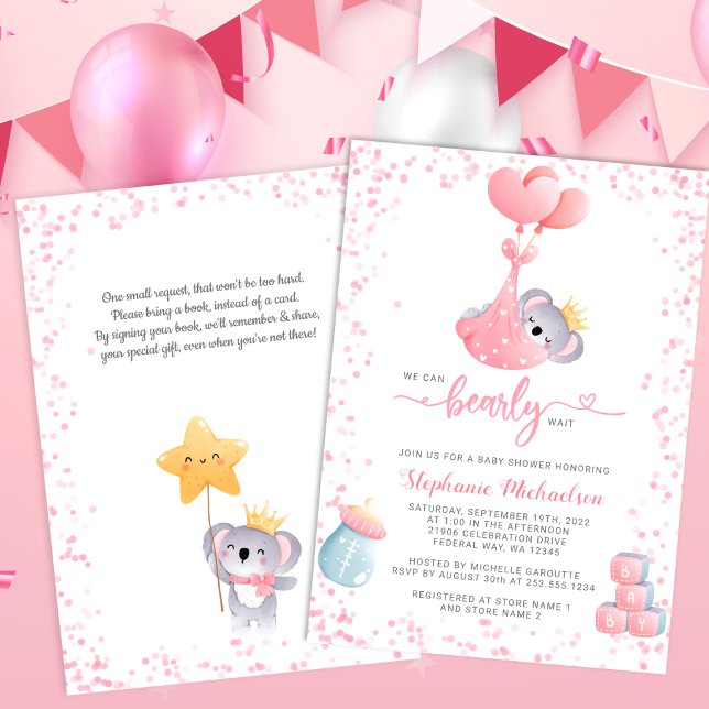Invitation Fille Koala Ours avec Baby shower de demande de ré (Girl Koala Bear with Book Request Baby Shower Invitation)