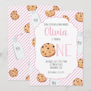 Invitation Fille Lait et biscuits Rose premier anniversaire I