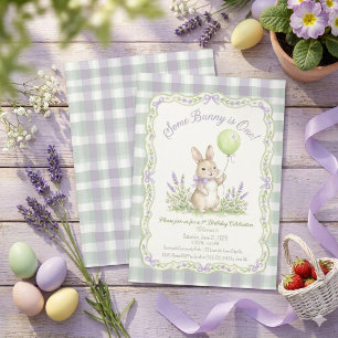 Invitation Fille Lapin 1er Anniversaire, avec Gingham Lavande