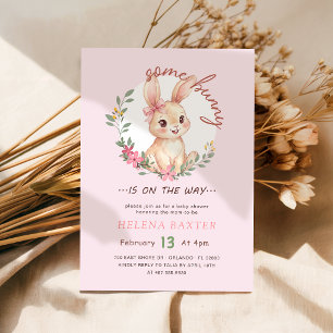 Invitation Fille Lapin Fleur Sauvage Ruban Rose Baby Shower