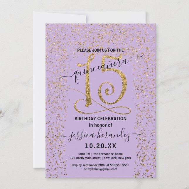 Invitation Fille Lavande Doré Confetti Bordure Quinceañera (Devant)