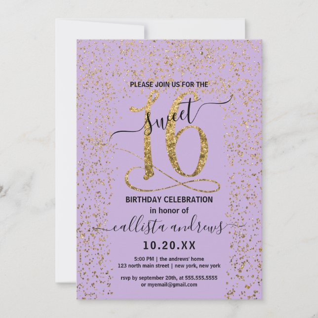 Invitation Fille Lavande Or Confetti Bordure Sweet 16 (Devant)