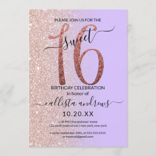 Invitation Fille Lavender Rose Parties scintillant Or Ombre S