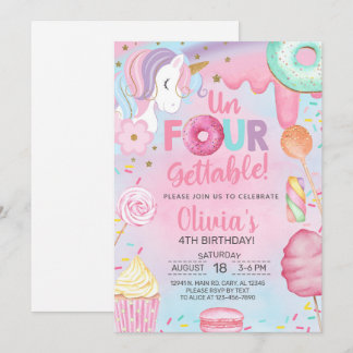 Invitation Fille licorne douceurs inoubliables 4ème anniversa
