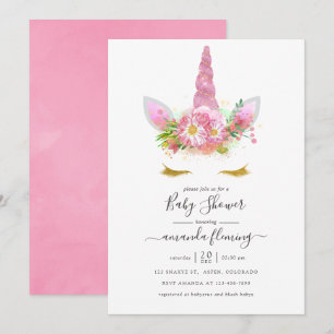 Invitation Fille licorne florale rose et or pour Baby Shower