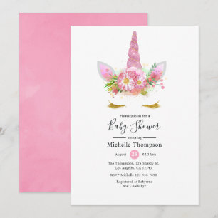 Invitation Fille licorne florale rose et or pour Baby Shower