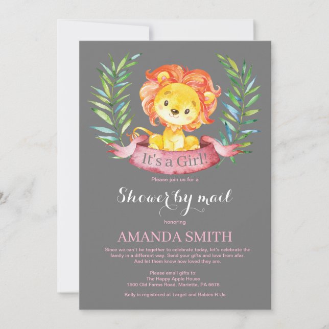 Invitation Fille Lion Baby shower par courrier (Devant)