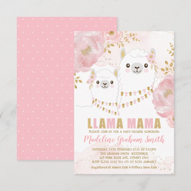 Invitation Fille Llama d'or rose Baby shower flou (Devant / Derrière)