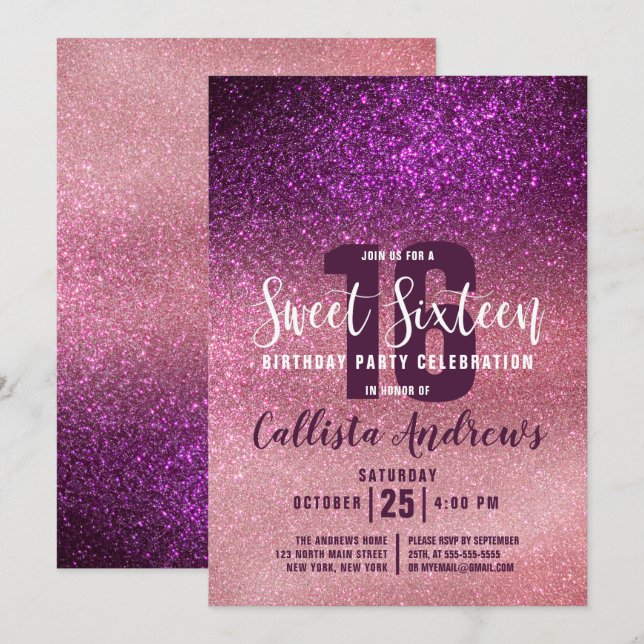 Invitation Fille Magenta Rose Triple Parties scintillant Ombr (Devant / Derrière)