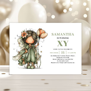 Invitation Fille Magique Fée Anniversaire Floral Vert Invitat