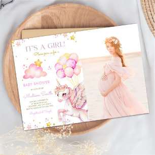 Invitation Fille Magique Licorne Rose Violet Photo de Baby Sh