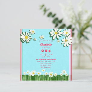 Invitation Fille marguerites douces Champ rose Vert Turquoise