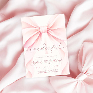 Invitation Fille merveilleuse avec un nœud rose pour son 1er