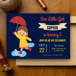 Invitation Fille mignonne avec parapluie Rainy Day Birthday