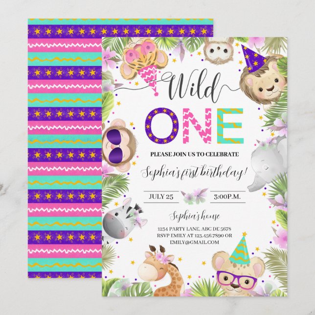 Invitation Fille mignonne Bébé Animaux Wild One (Devant / Derrière)