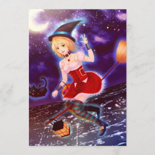 Invitation Fille mignonne de sorcière d'anime avec des chats