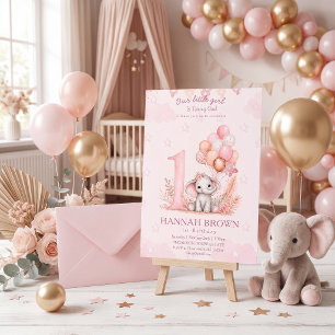Invitation Fille mignonne éléphant rose 1er anniversaire flor