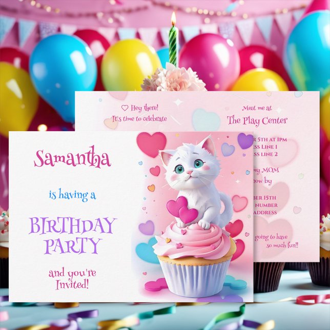 Invitation Fille mignonne Kitten blanc et Cupcake fête d'anni (Créateur téléchargé)