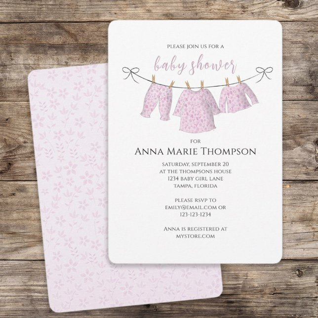 Invitation Fille mignonne rose bébé Clothesline Baby shower d (Créateur téléchargé)